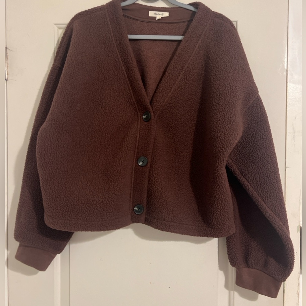 Madewell $98 Re(sourced) Fleece Chocolate Brown Teddy Bear Cardigan Sweater Fall - Picture 3 of 6